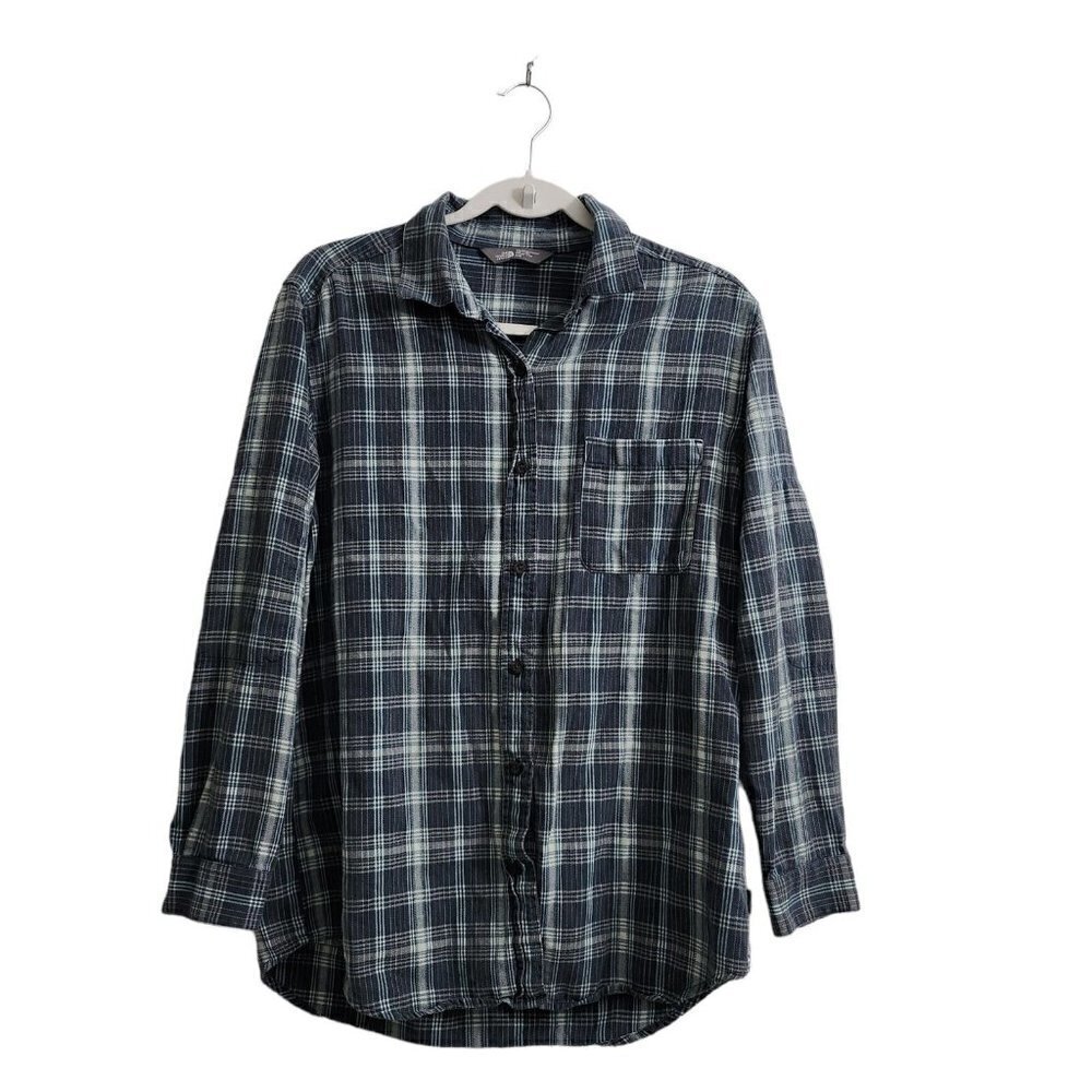 The North Face Top Womens Medium Flannel Button Up Shirt White Plaid Cuff Sleeve